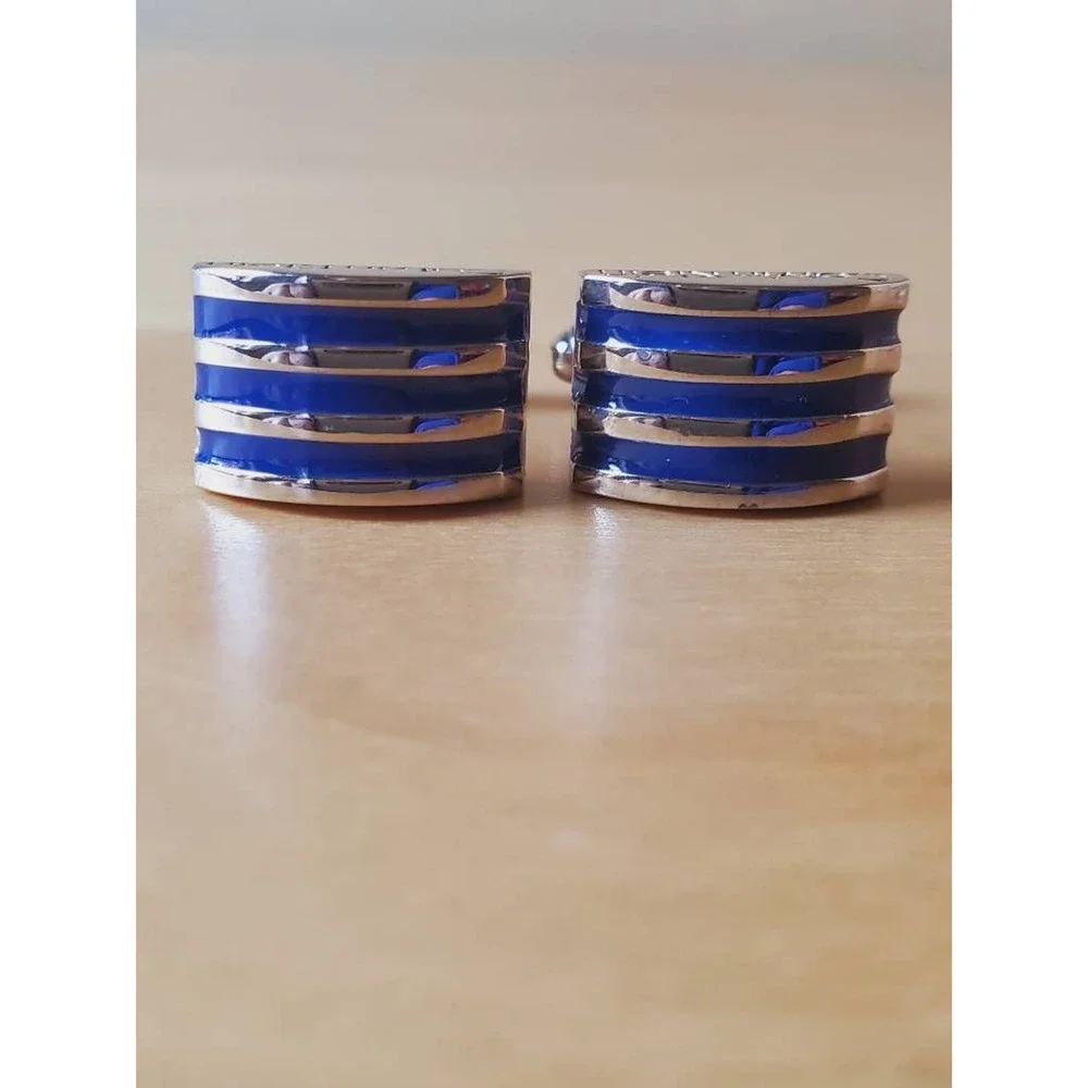 Calvin Klein Mens Silver Tone Cufflinks Blue Stripes Half Moon Shape Bullet Back